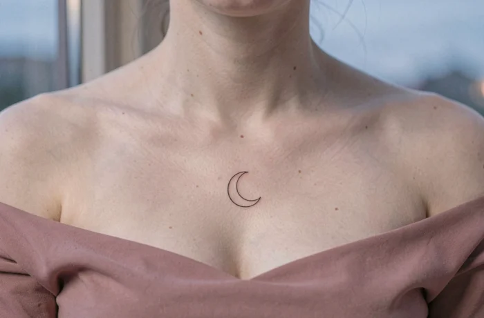 Tatouage croissant de lune en fine ligne noire sur la clavicule d'une femme portant un haut rose poudré