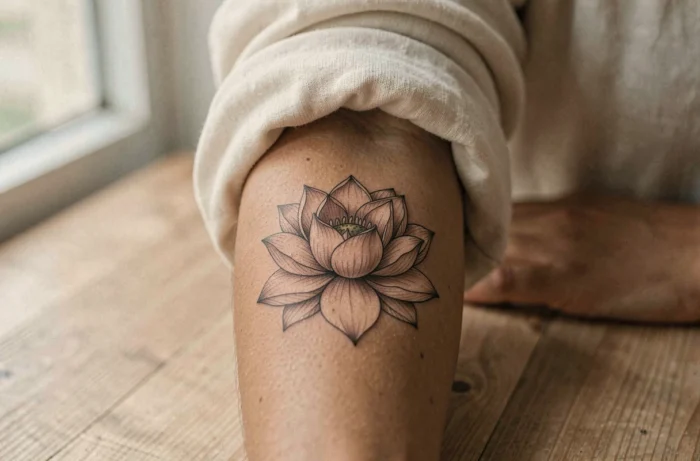 Tatouage fleur de lotus en fine line sur l'avant-bras d'une femme à la peau olive