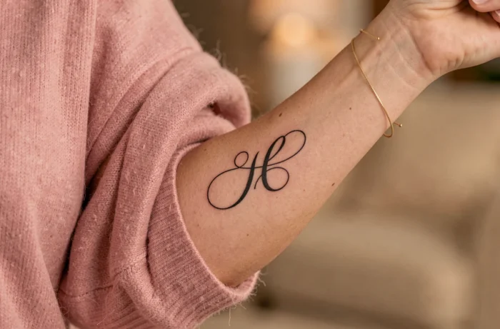Tatouage initiale en lettres cursives calligraphiées en encre noire sur le poignet d'une femme portant un pull rose poudré