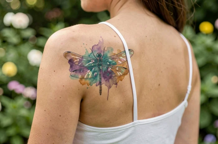 Tatouage libellule en style aquarelle avec des tons teal, violet et ambre sur l'omoplate d'une femme