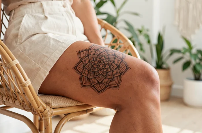 Tatouage mandala géométrique en fine ligne noire avec dotwork sur la cuisse d'une femme portant un short en lin
