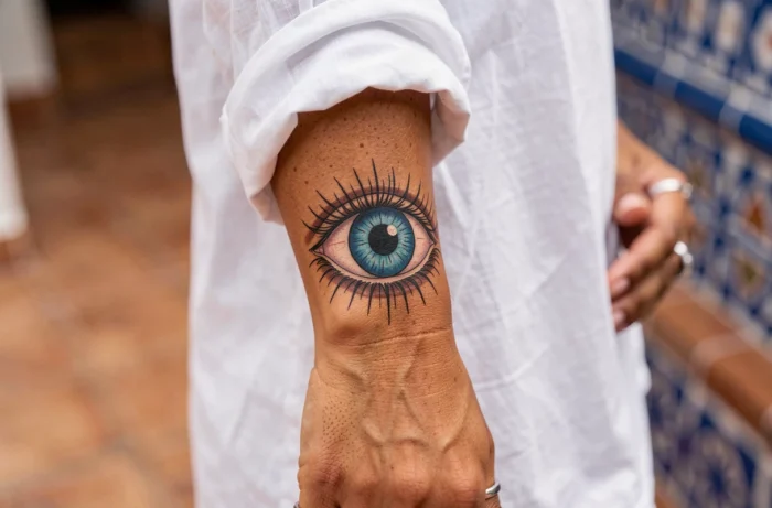 Tatouage œil protecteur Nazar en encre bleue et noire sur le poignet d'une femme à la peau olive méditerranéenne