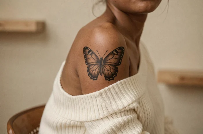 Tatouage papillon en dotwork sur l'épaule d'une femme à la peau brune portant un pull crème