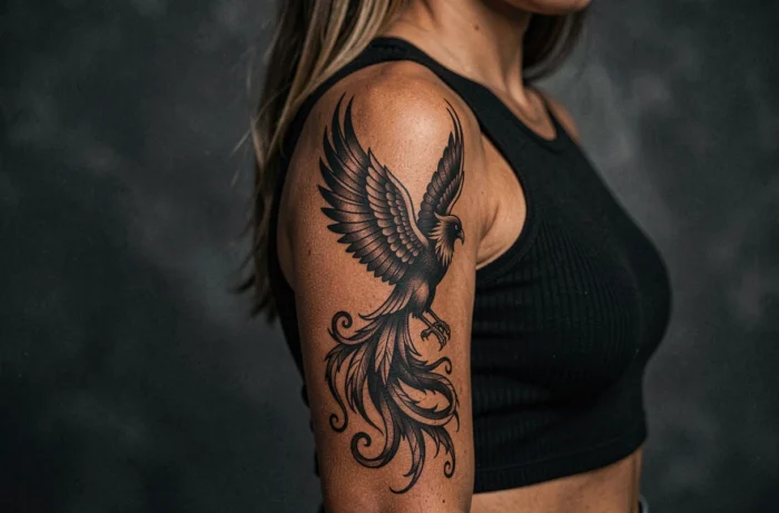 Tatouage phénix en blackwork sur l'épaule et le bras d'une femme portant un haut noir sans manches