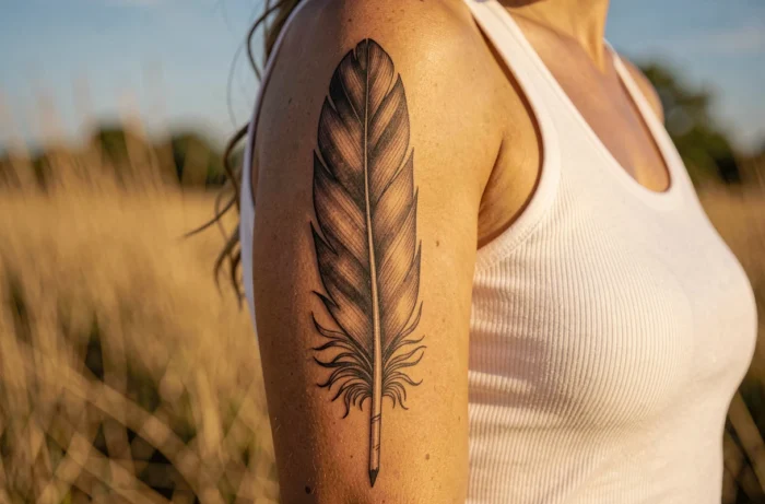 Tatouage plume d'aigle en fine ligne noire sur le bras d'une femme portant un débardeur blanc