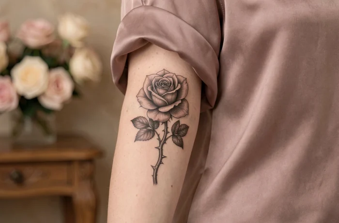 Tatouage rose avec épines en noir et gris sur l'avant-bras d'une femme portant un chemisier en satin mauve