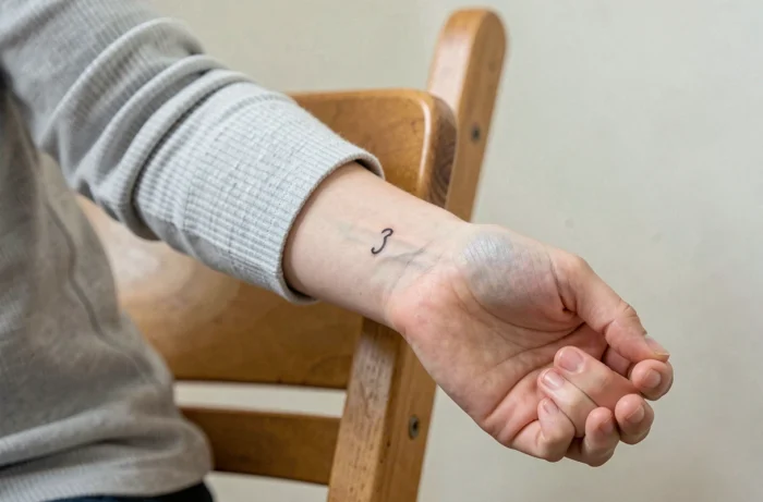 Tatouage point-virgule semi-colon sur le poignet d'une jeune femme portant un pull gris côtelé