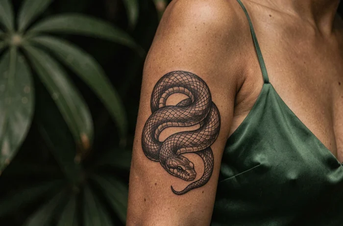 Tatouage serpent enroulé en fine ligne noire sur l'avant-bras d'une femme à la peau caramel