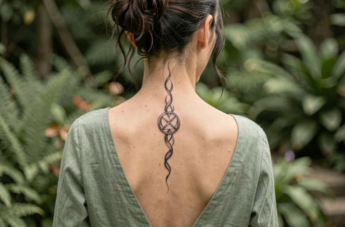 Tatouage unalome en fine ligne noire dans le dos d'une femme portant une robe dos nu en lin vert sauge