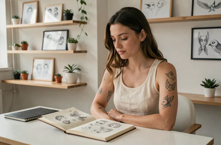 Femme aux tatouages symboliques dans un studio de tatouage minimaliste feuilletant un carnet de designs