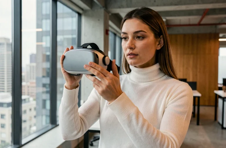 Femme tenant un casque de réalité augmentée dans un bureau technologique moderne, symbolisant les tendances tech 2024