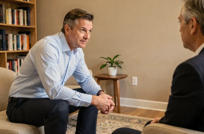 Thérapeute en consultation écoutant activement un patient dans un cabinet de psychologie chaleureux et professionnel