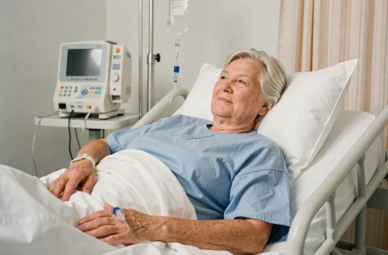 Femme âgée recevant une transfusion sanguine dans un lit d'hôpital, bras relié à une poche de sang via une perfusion