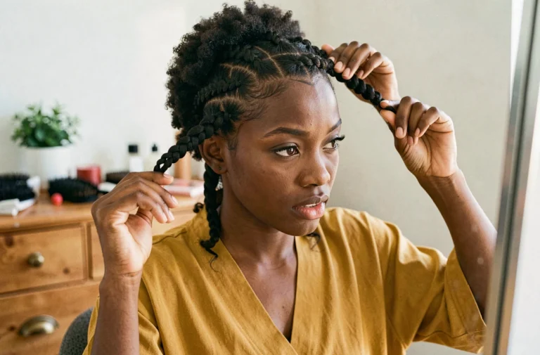 Femme noire aux cheveux afro courts se faisant des tresses africaines sans rajout devant un miroir à domicile