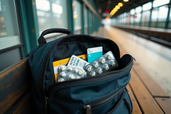 Trousse de médicaments contenant du paracétamol rangée dans un sac à dos de voyage posé sur un quai de gare en Norvège