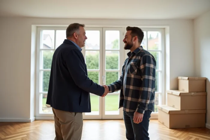 Achat immobilier entre particuliers avec poignée de main lors d'une vente directe sans agence