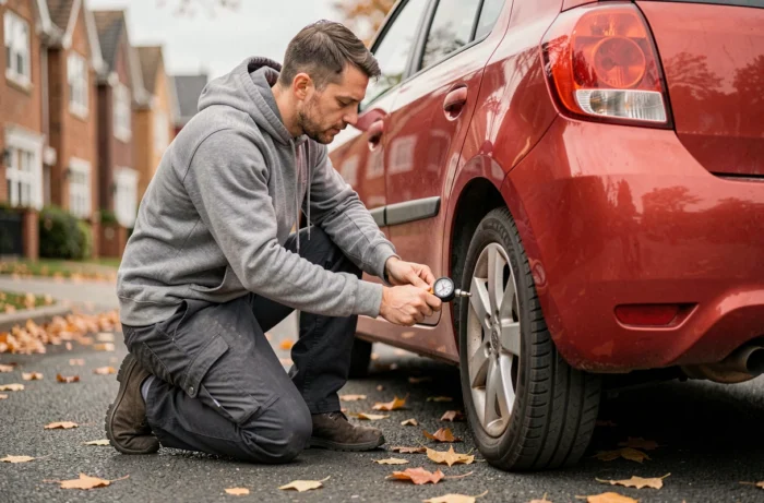 Homme vérifiant la pression des pneus de sa voiture dans une rue résidentielle en automne