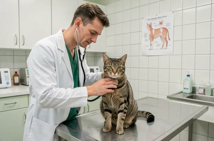 Vétérinaire examinant un chat tigré avec un stéthoscope dans une clinique vétérinaire moderne, représentant l'importance des soins médicaux couverts par une assurance pour animaux