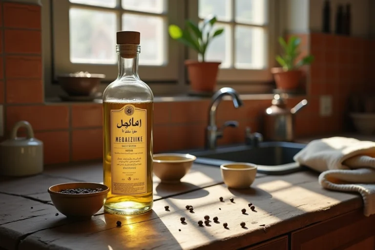 Bouteille de vinaigre d'alcool posée sur un comptoir de cuisine avec des bols en céramique et du poivre, contexte culinaire halal