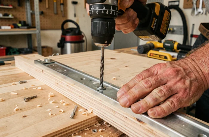 Gros plan sur des mains vissant des glissières métalliques sur un plateau en bois pour aménagement de pick-up en atelier