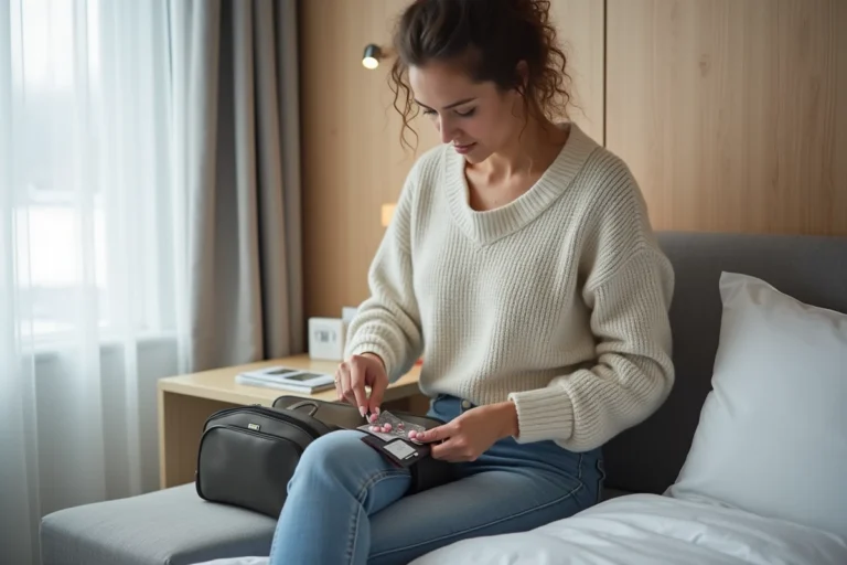 Femme organisant ses médicaments dont du paracétamol dans sa trousse de voyage dans une chambre d'hôtel de style scandinave en Norvège