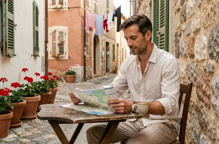 Homme consultant une carte papier froissée attablé devant un café traditionnel méditerranéen dans une ruelle pavée