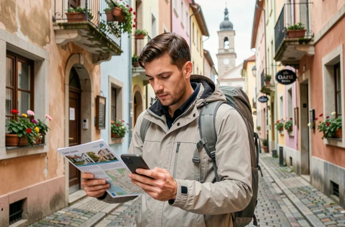 Voyageur solo consultant un guide et son téléphone dans une ruelle pavée d'une vieille ville européenne pour trouver un hébergement